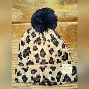 C.C Baby Black and Brown Cheeta Print Knit Winter Hat with Pom-Pom